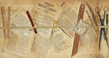348. Trompe l'oeil with scissors, knife, quill and news paper.