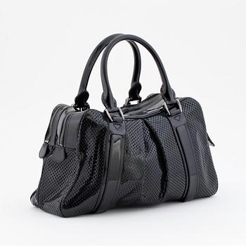 BURBERRY, a black patent leather bag.