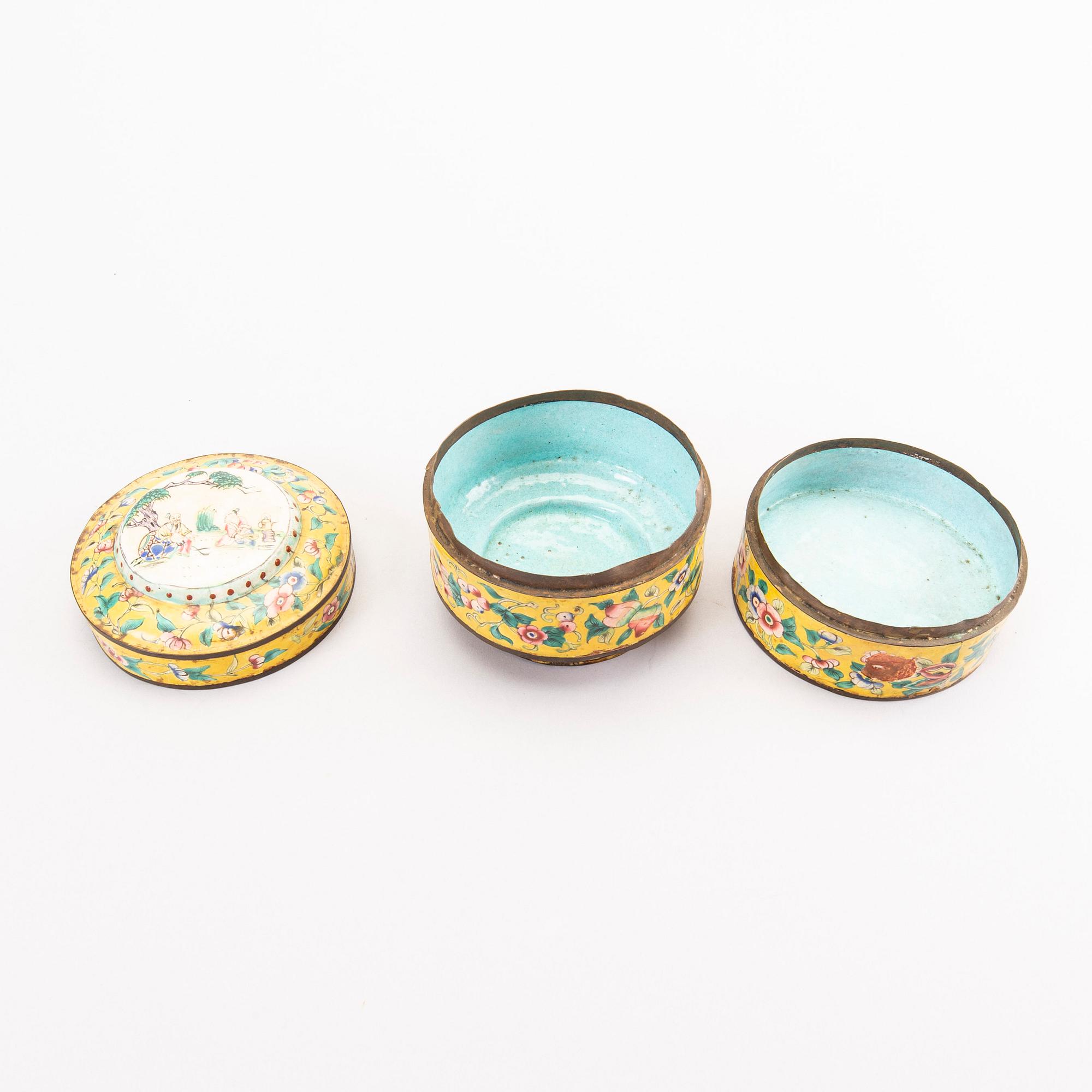 Skål samt ask med lock Kina 1800-tal cloisonné-arbete.