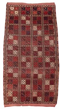 Matto, an antique Beshir, ca 285,5-289 x 144,5-164,5 cm (as well as several cm red and blue flat weave at the ends).