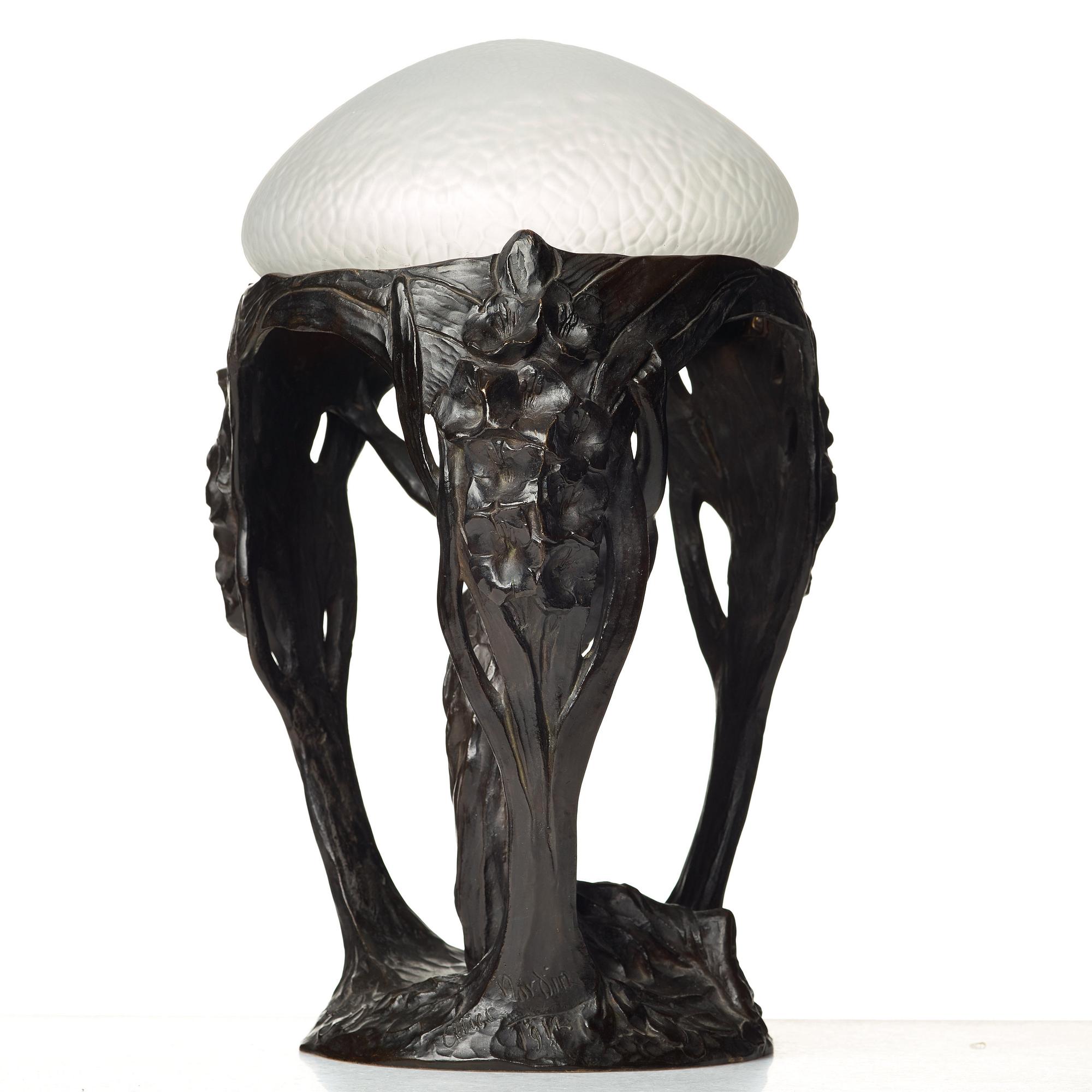 Alice Nordin, a brown patinated bronze Art Nouveau table lamp by Herman Bergman, Stockholm 1912.