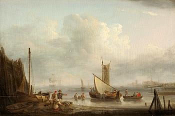 379. Thomas Luny Tillskriven, Kustlandskap med figurer och båtar.