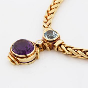 COLLIER, med briljantslipad diamant, ametist samt akvamarin.