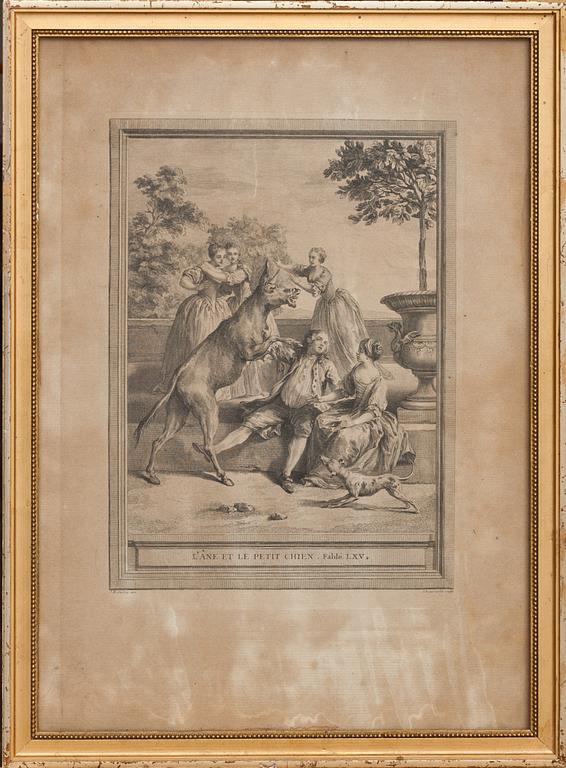 JEAN-BAPTISTE OUDRY, efter, gravyr, graverad av J Beauvarlet. 1700-talets andra hälft.