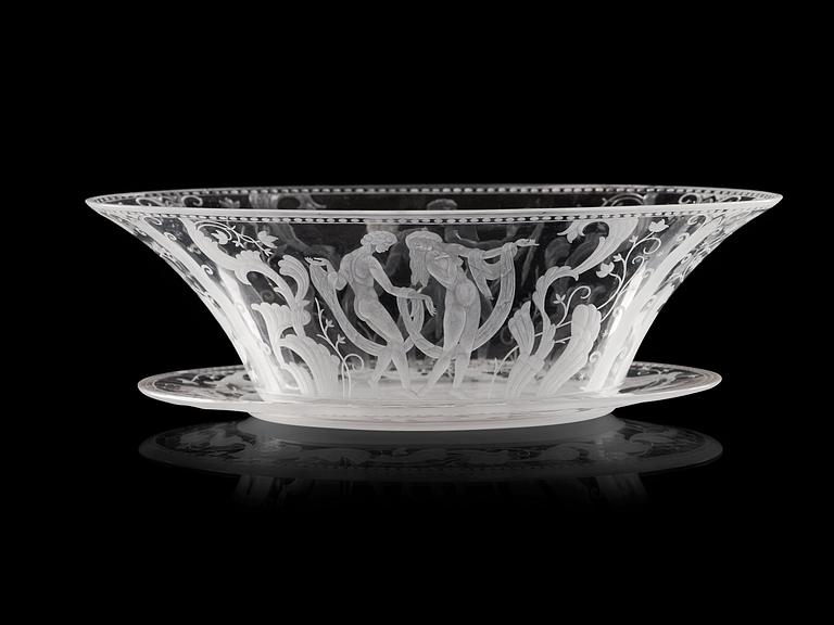A Simon Gate Swedish Grace engraved glass bowl with dish, Orrefors 1923.