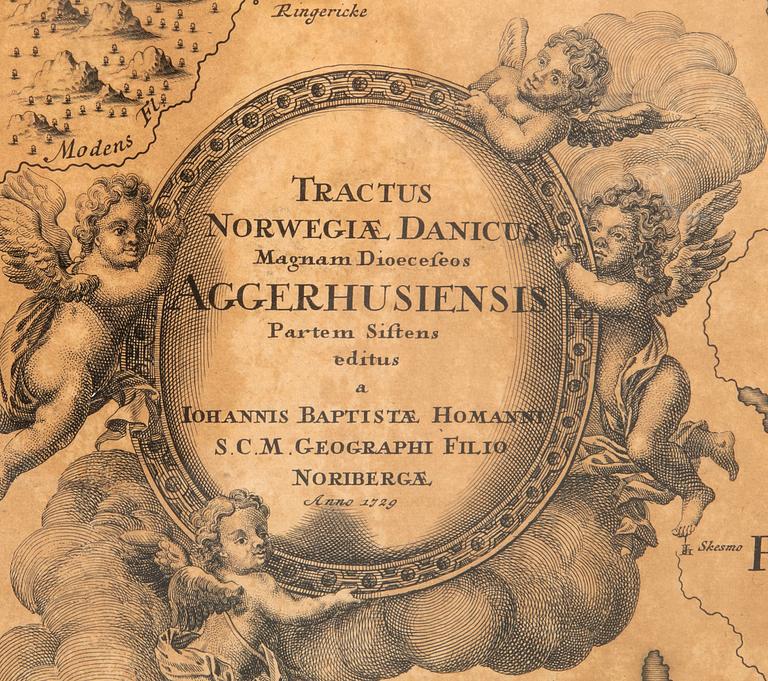 Johann Baptist Homann, karta över södra Norge, kopparstick Nürnberg 1729.