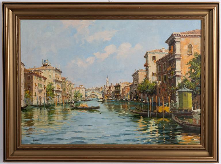 C Vianello, 18/1900-tal,  Vy från Venedig över Canal Grande och Ponte Rialto.