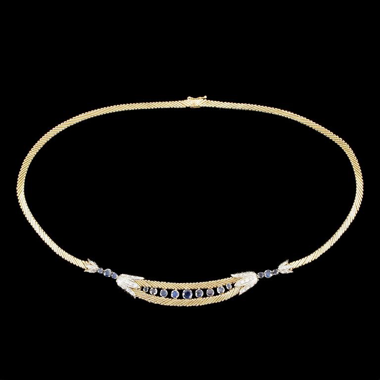 COLLIER, 18k guld, briljantslipade diamanter samt facettslipade safirer. Total vikt ca 36 g.