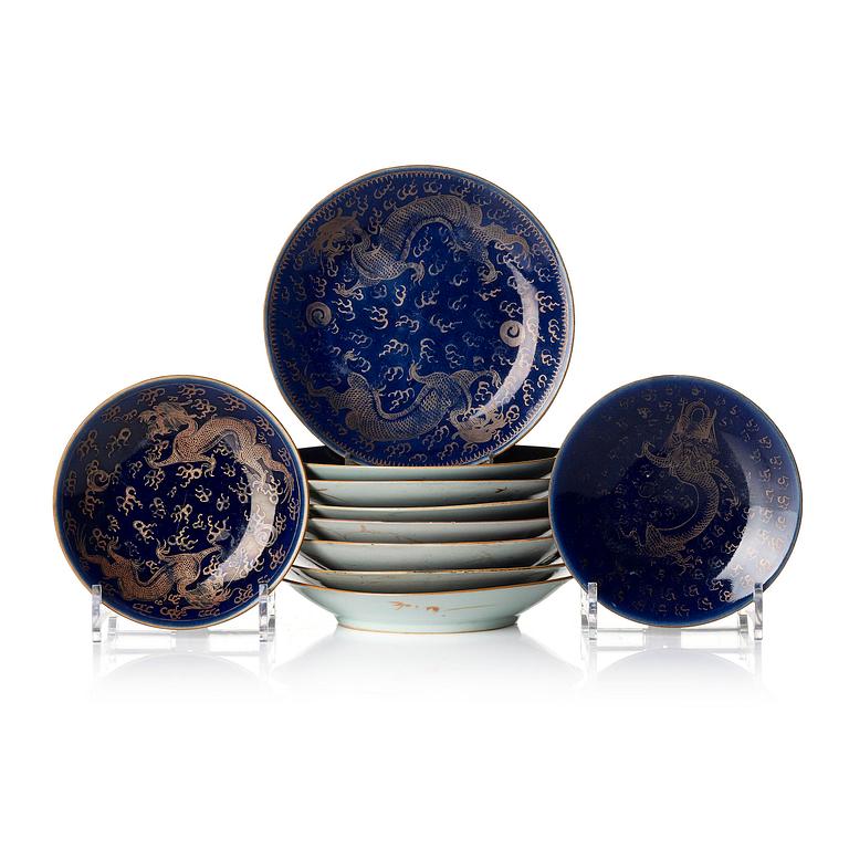 A group of 10 (8+2) blue glazed dishes, late Qing dynasty.