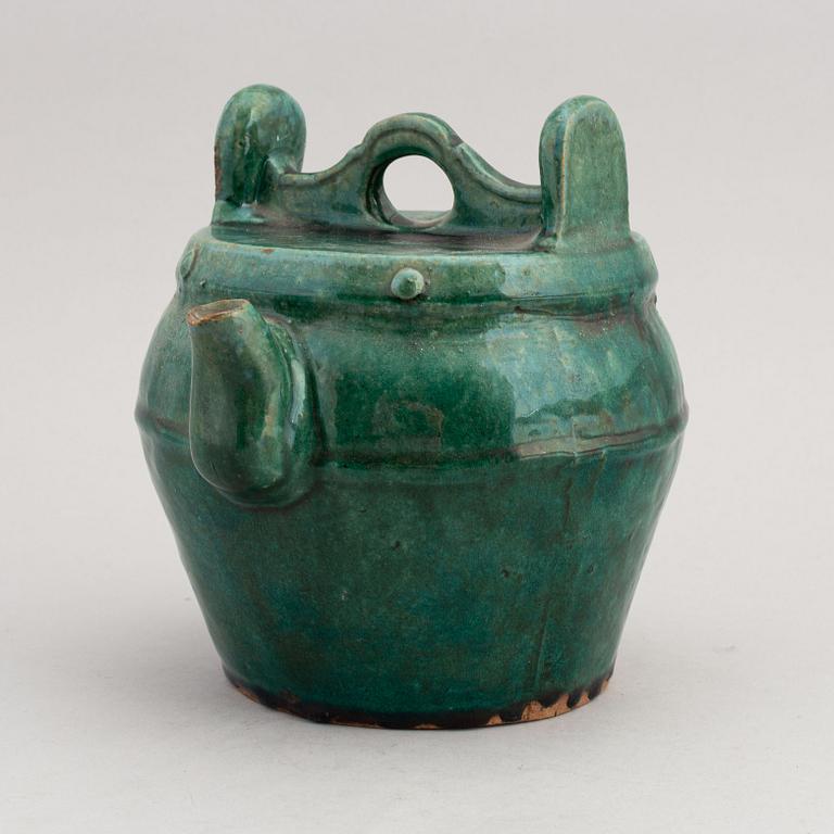 A Chinese green glazed 'Shiwan' ceramic teapot in the shape of a water bucket, 19th Century.