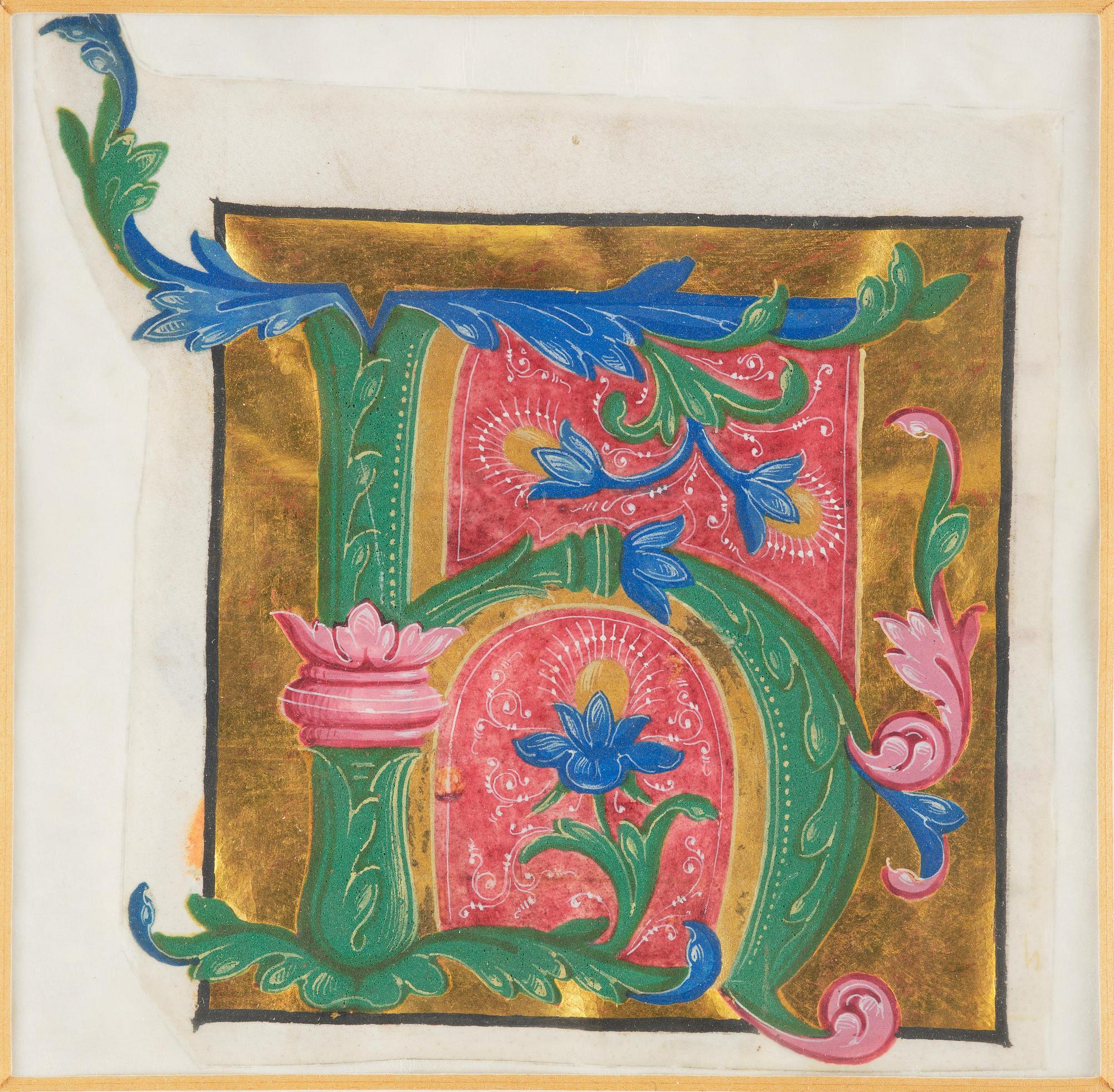 An illuminated initial, presumanly from an Italian musical manuscript, later part 15th century.