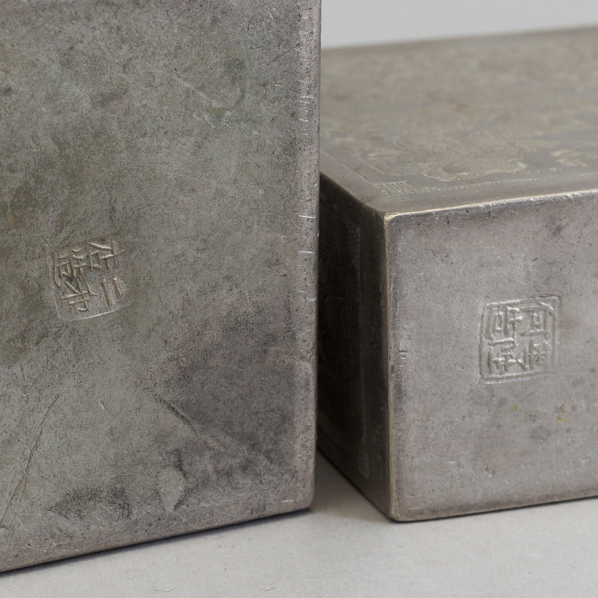 Three Chinese teacaddies in tin, Qing dynasty, 19th century.