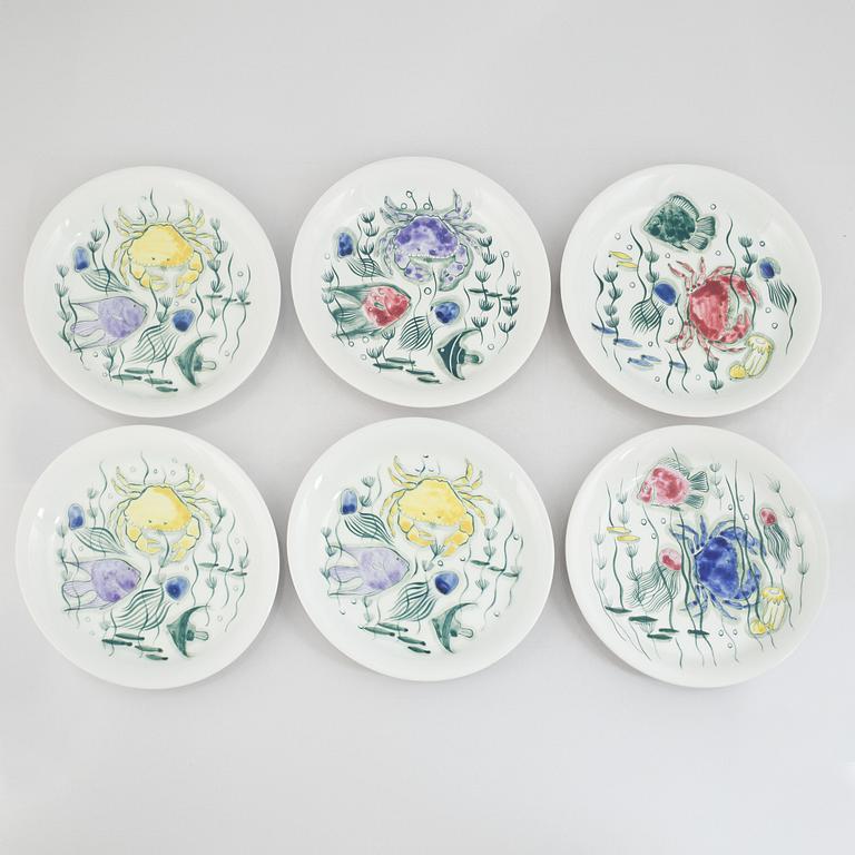 Anja Juurikkala, six 'Crayfish' plates, Arabia, Finland, 1953-1960.