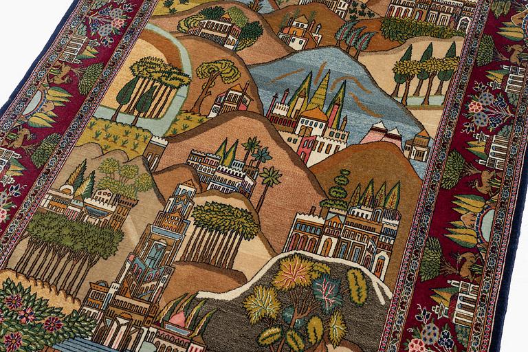 A semi-antique pictoral Kashan rug, c. 212 x 130 cm.