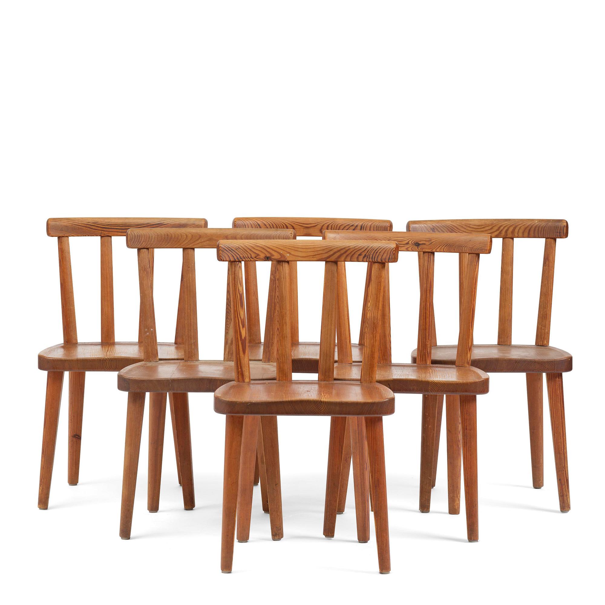 Axel Einar Hjorth, a set of six stained pine "Utö" chairs, Nordiska Kompaniet, Sweden, 1930s.
