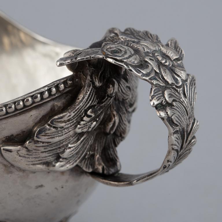 Two creamers, silver, one german and one Johan Petter Grönvall, Stockholm 1827.