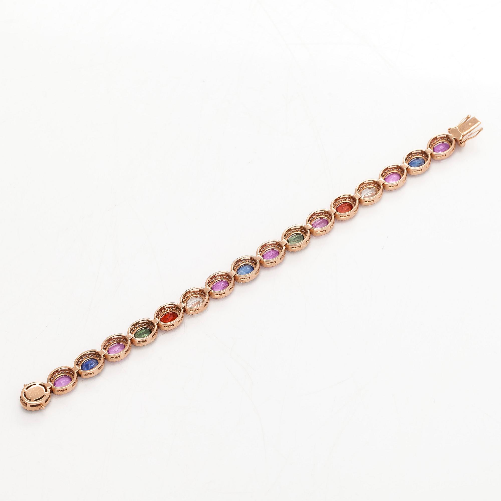 A multi colour sapphire and diamond bracelet in 14K rosegold.