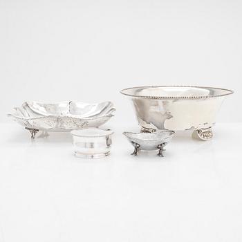 Three silver bowls and a silver box, 1930s-60s.