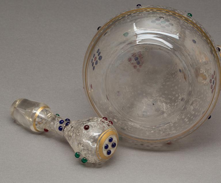 KARAFF med PROPP, glas, troligen Frankrike, 1800-talets slut.