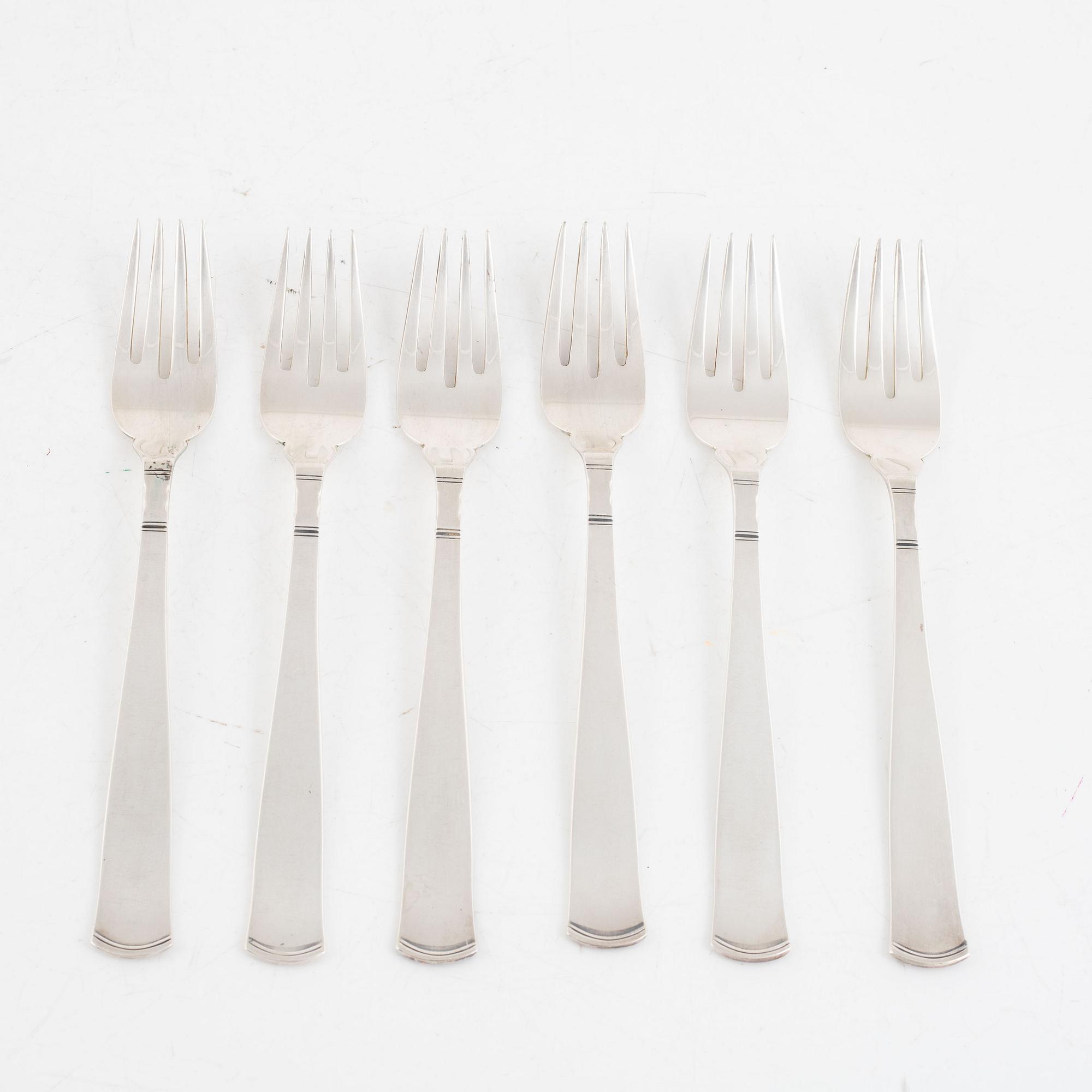 Jacob Ängman, fiskbestick, 12 st, silver, "Rosenholm", Stockholm 1951 och Eskilstuna 1979.