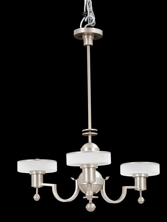 A white metal three light hanging lamp, unknown designer, 1930's.
