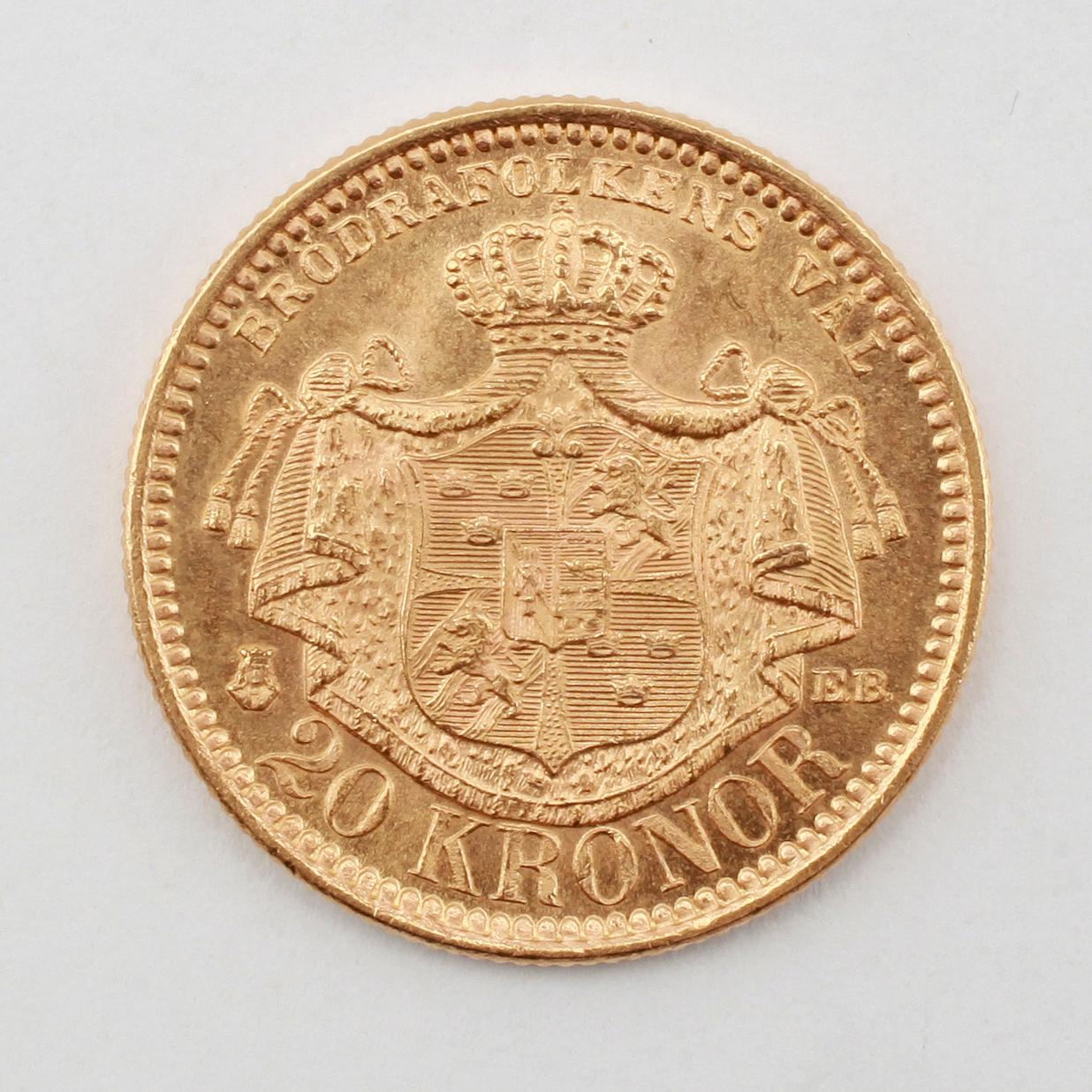 GULDMYNT, 20 kronor, Oscar II, 1895. Vikt ca 9 gram.