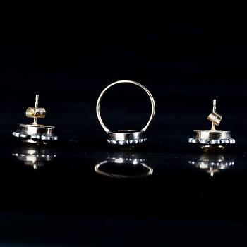 RING och ÖRHÄNGEN, ett par, 14K guld, Finland 1946, citriner och granater. Total vikt 10,7g.