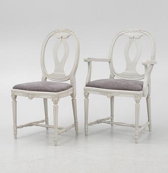 A suite of 6 Gustavian style chairs and 2 armchairs, later part 20th century.