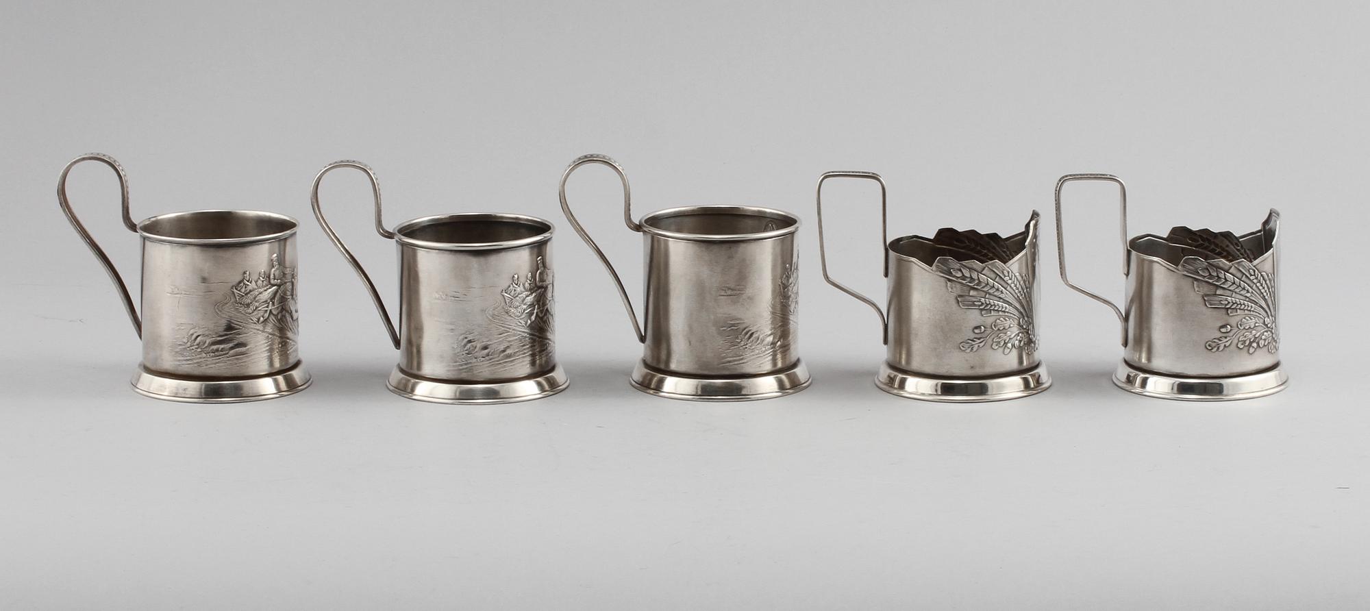 TEGLASHÅLLARE, 3 + 2, försilvrad metall, Ryssland, 1900-talets första hälft.