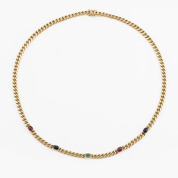 Necklace, 18K gold with cabochon-cut rubies, sapphires, and emerald.