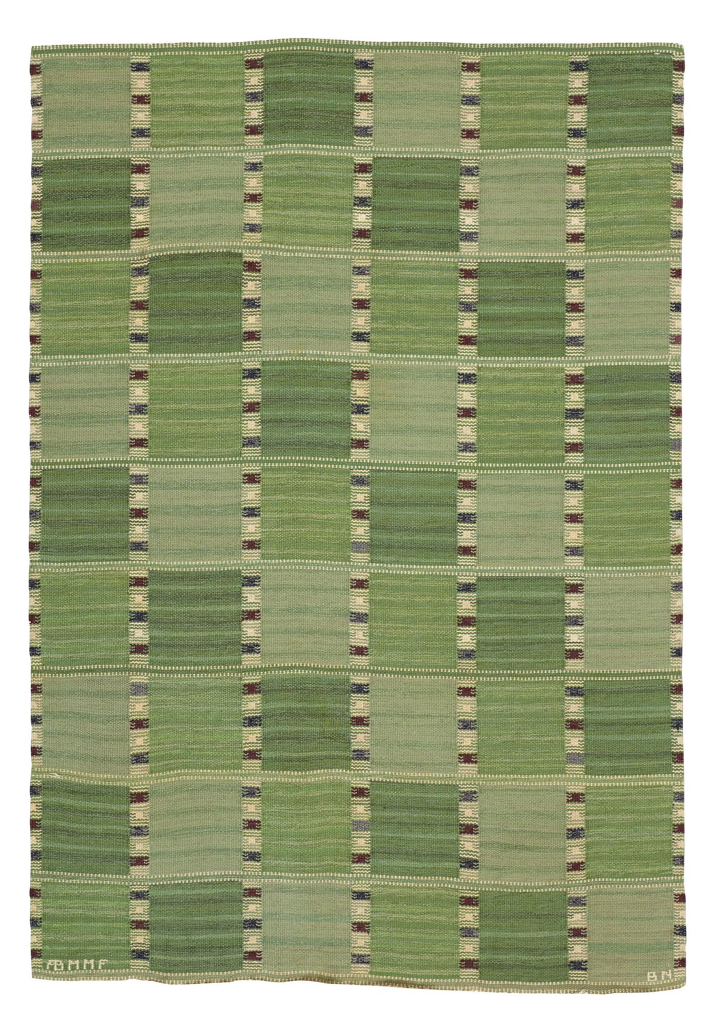 Barbro Nilsson, matta, "Falurutan grön I", rölakan, ca 241-244,5 x 166 cm, signerad AB MMF BN.