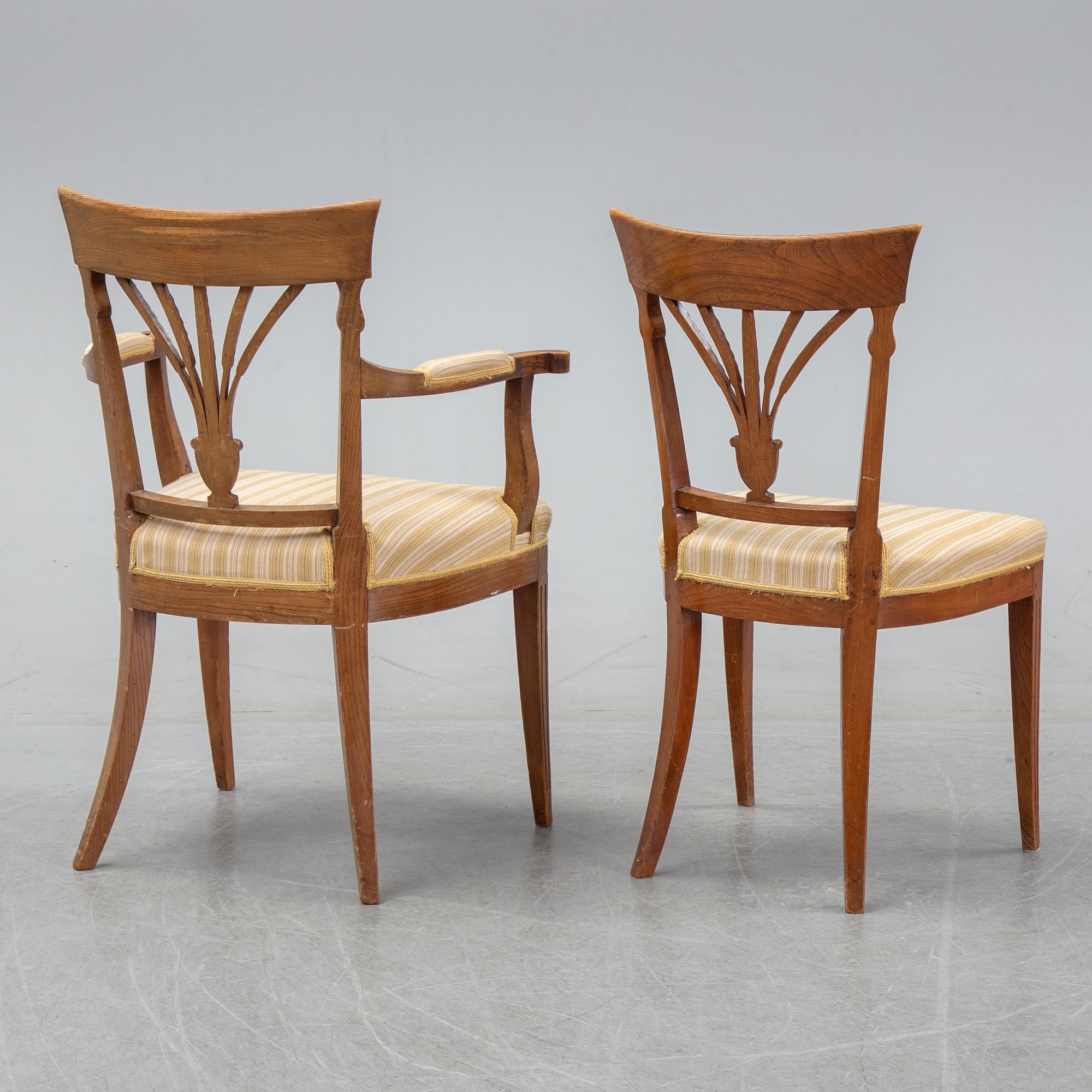 A set of four French Directoire chairs and four Directoire-style chairs, circa 1800 and circa 1900 respectively.