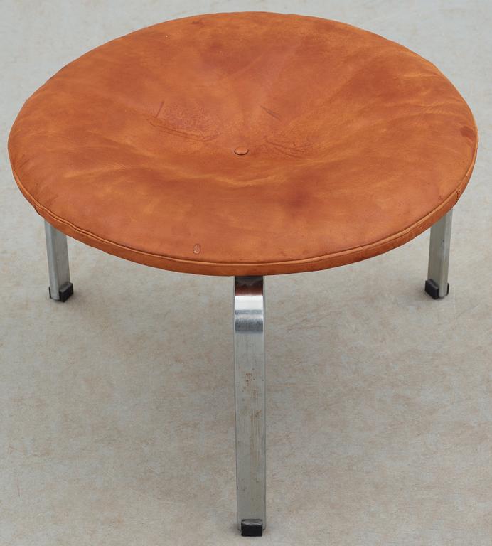 A Poul Kjaerholm steel and brown leather "PK-33" stool, E Kold Christensen, Denmark, maker's mark in the steel.