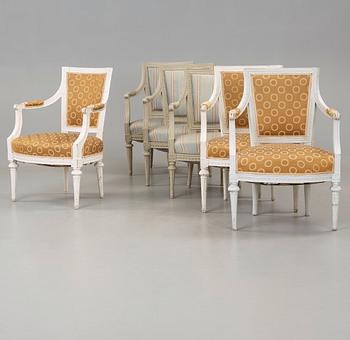 Six matched Gustavian late 18th century armchairs.