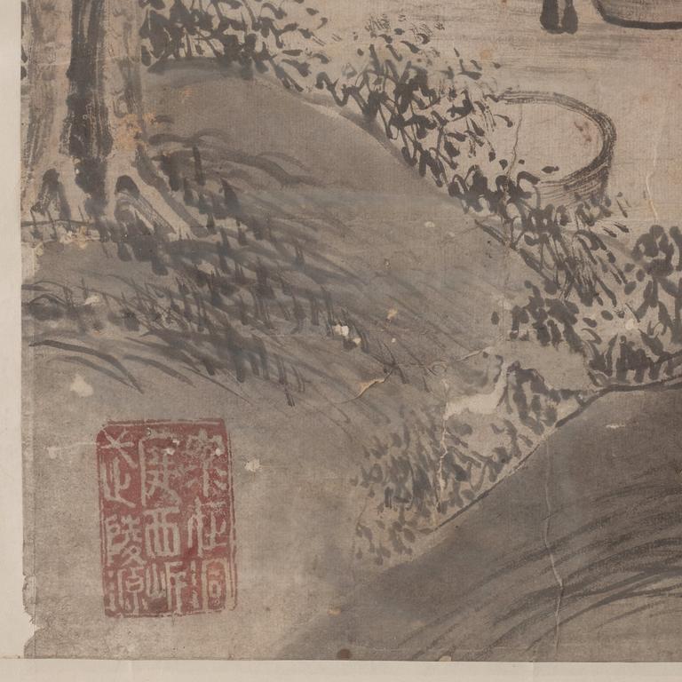 A Chinese painting, signed Wenhuan 文焕, dated 1888. 'Moving rocks from the water'.