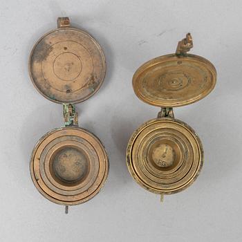 Two sets of brass weights, Sweden, 1820 and 1931.