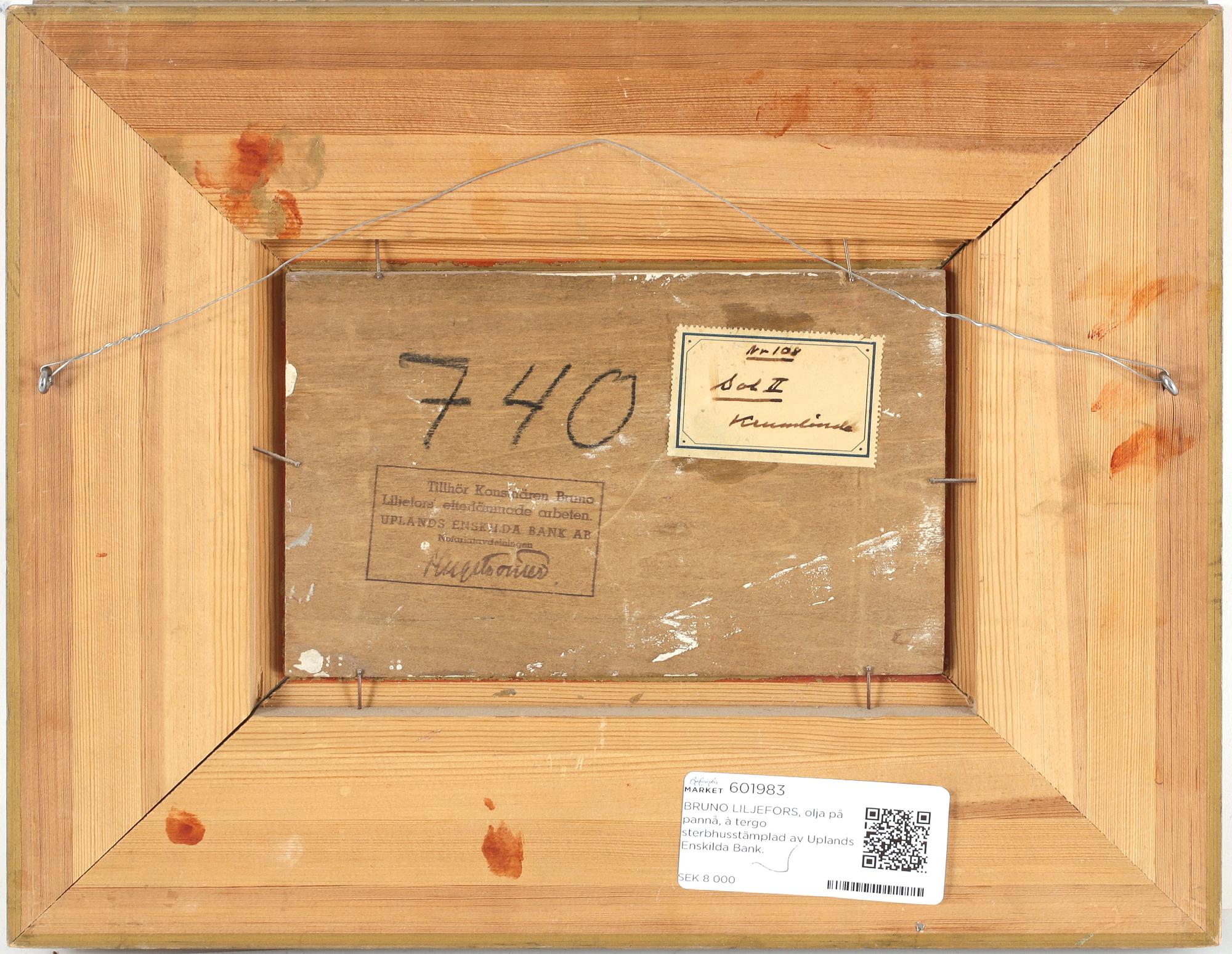 BRUNO LILJEFORS, olja på pannå, à tergo sterbhusstämplad av Uplands Enskilda Bank, ej signerad.