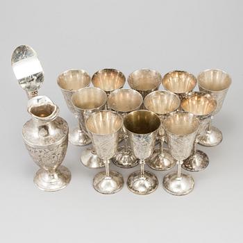 Wine glases and decanter 13 parts, nickel silver, mid-1900s.