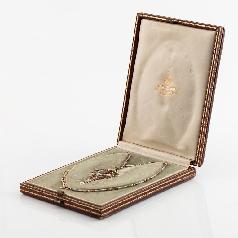 A C Giuliano 18K gold and enamel necklace set with a  faceted tourmaline and a pearl.