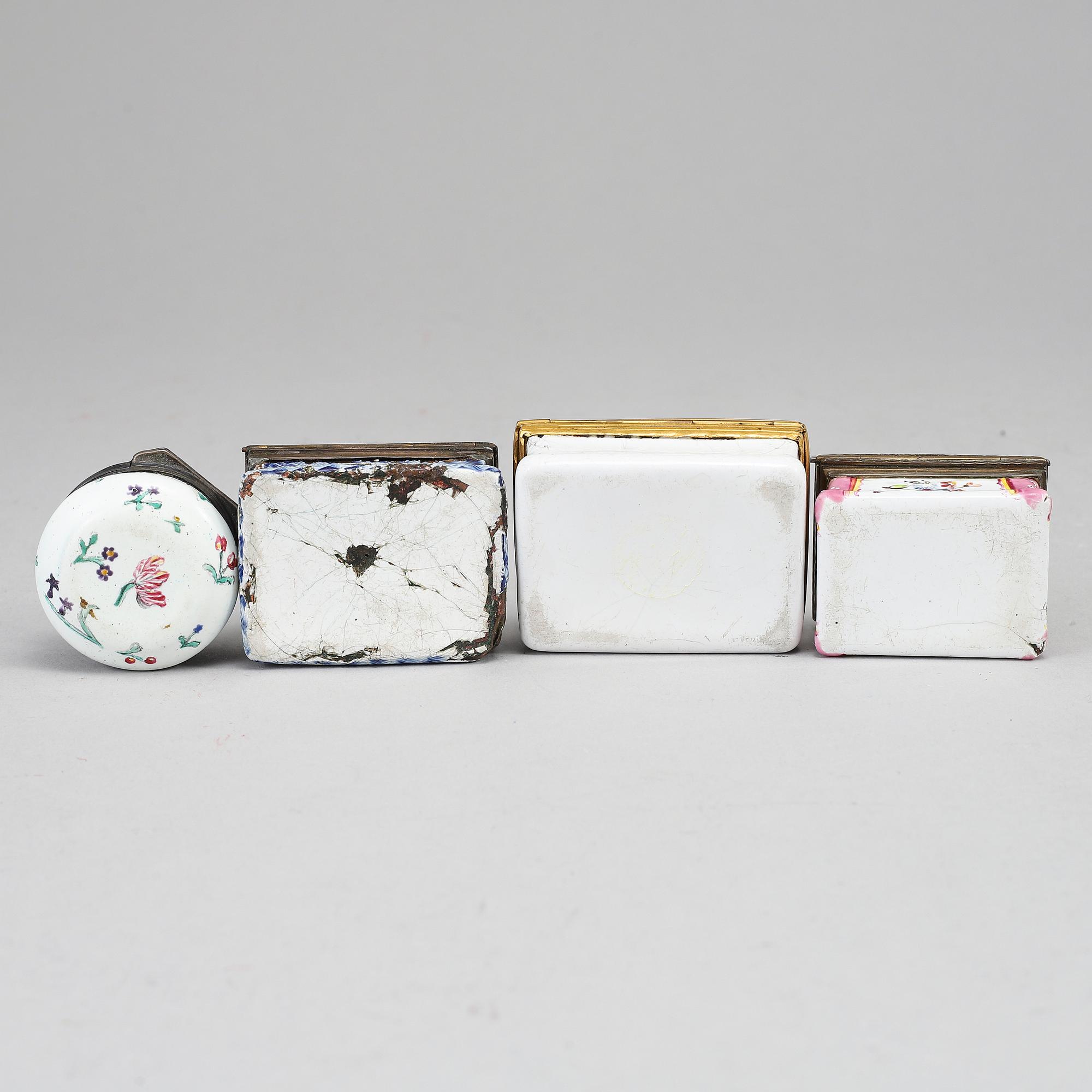 A mixed lot of four 18th century enamel snuff boxes.