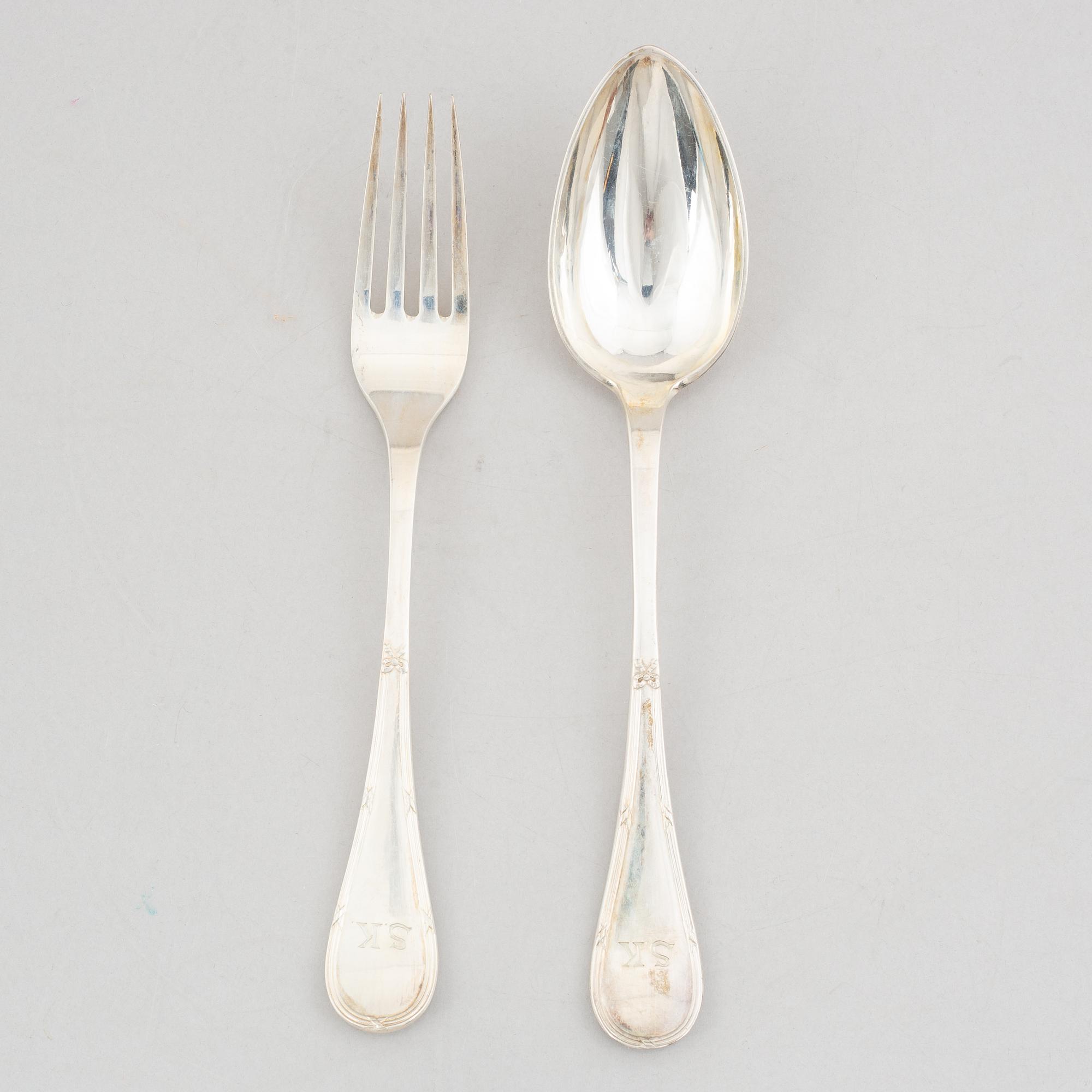 Uppsättning skedar och gafflar, 14 delar, silver, "Rosett", bl.a. Bernt Erlandsson, Kristianstad, 1912-32.