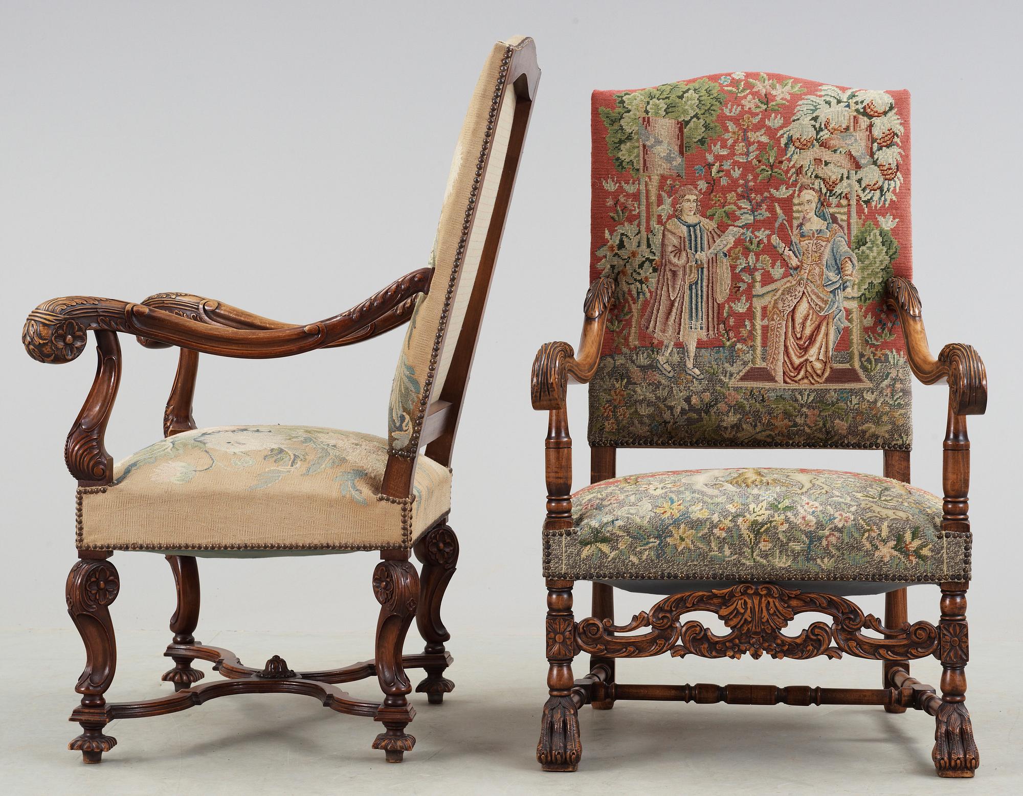 KARMSTOLAR, 2 st, Barockstil, omkring år 1900.