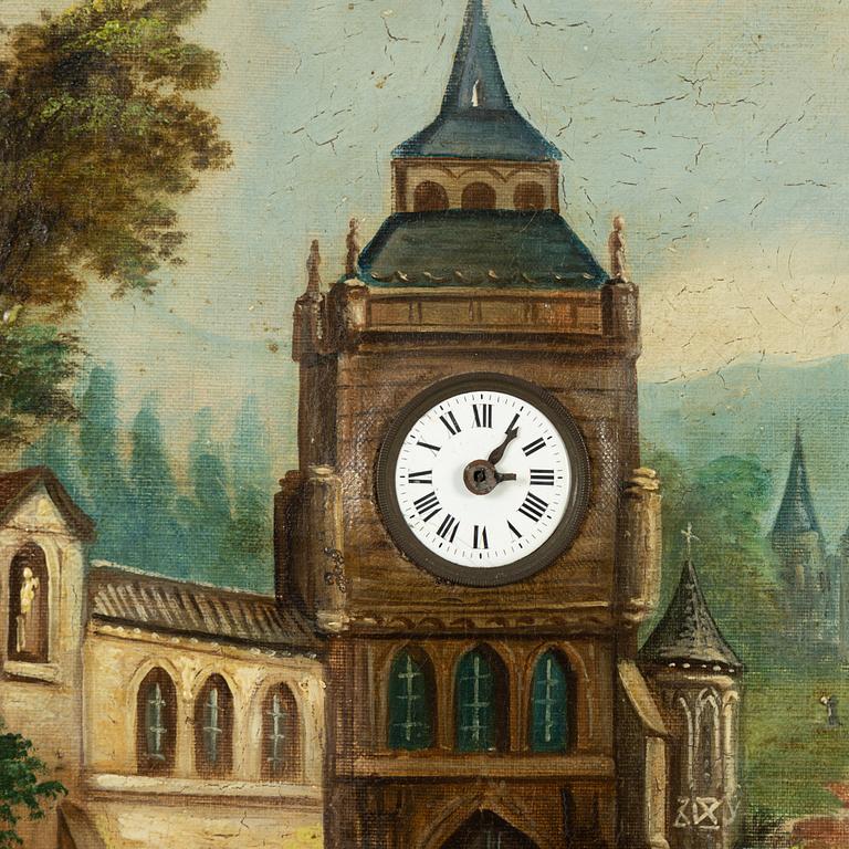 An oil painting with clockwork from around year 1900.