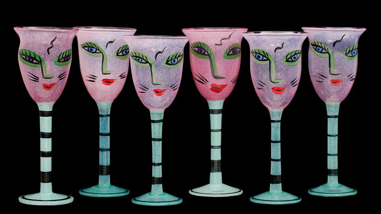 POKALGLAS, 6 st, Kosta Boda, Ulrica Hydman-Vallien. 1900-talets slut.