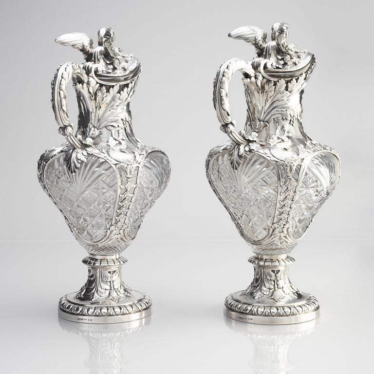 A pair of flamboyant and unusual large silver and cut-glass decanters by Wilhelm Bolin Moscow 1912-1917.