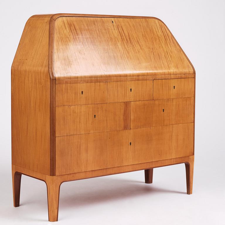 Oscar Nilsson, an olive ash veneered secretaire, a journeyman's work by Evert Kjellgren for Stockholm City Crafts Association, 1938.