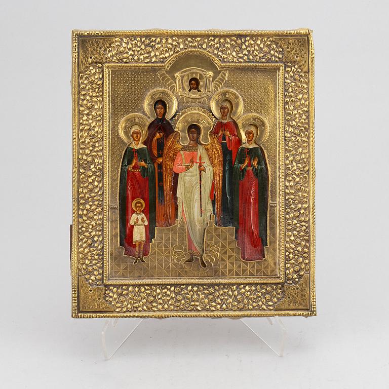 A Russian icon with brass ochlas, 19th Century.