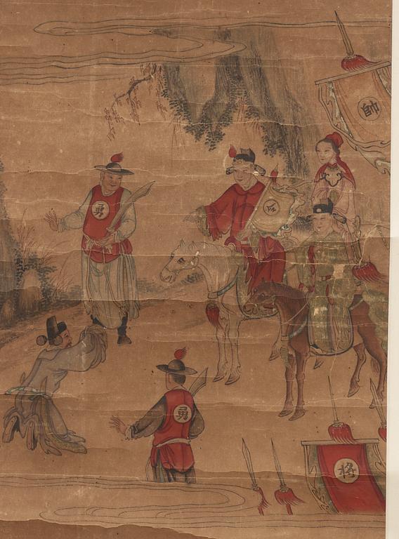 RULLMÅLNINGAR, två stycken,  Qing dynastin, 1800-tal. Militära motiv.