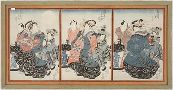 OKÄND KONSTNÄR, träsnitt, triptyk. Japan, 1800-tal.