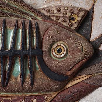 Tyra Lundgren, a stoneware relief 'The Skeleton fish', Sweden 1950's.
